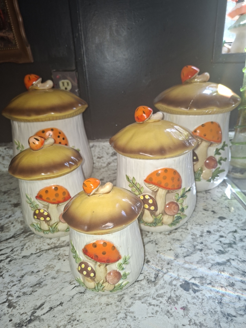 Hand-Painted Mushroom Canister Set in Orange & Brown